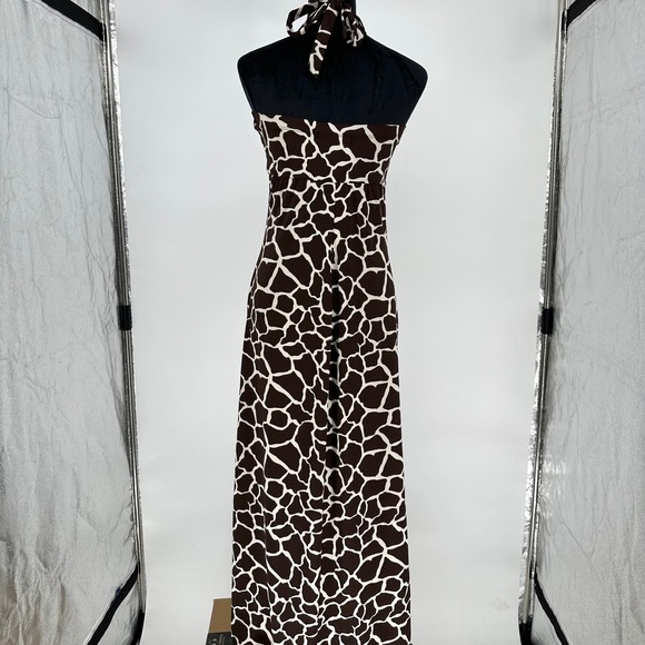 Y2K Heart Soul Brown Halter Giraffe Animal Print Maxi Beaded Dress Sz Medium - Picture 4 of 6
